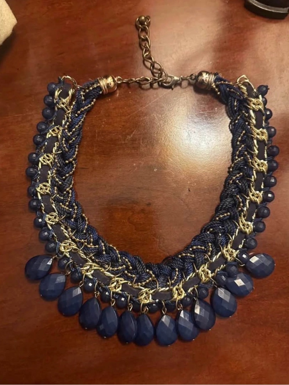 Navy Blue Statement Necklace with Gold Chain Accent